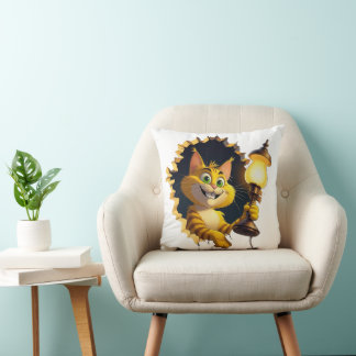 Whimsical Cartoon Cat Holding a Lamp Through a Wal Throw Pillow