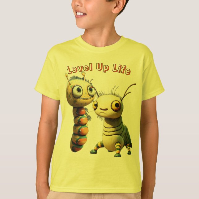 Whimsical Cartoon Caterpillar "Level Up Life"  T-Shirt (Front)