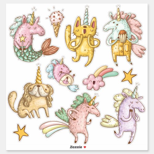 Whimsical Cartoon Doodle Unicorns Illustrations Sticker