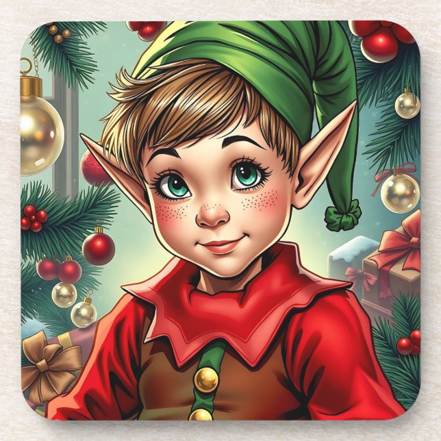 Whimsical Cartoon Elf | Christmas Beverage Coaster (Front)