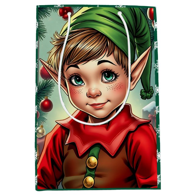 Whimsical Cartoon Elf | Christmas Medium Gift Bag (Front)