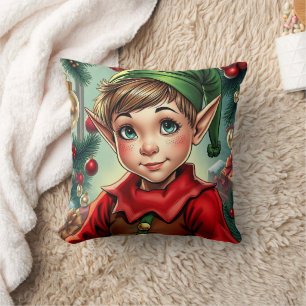 Whimsical Cartoon Elf Christmas Throw Pillow