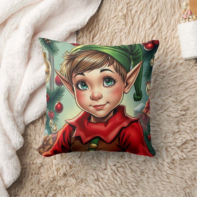 Whimsical Cartoon Elf | Christmas Throw Pillow (Blanket)