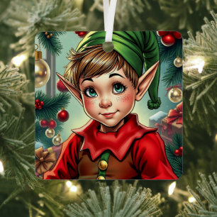 Whimsical Cartoon Elf Personalized Christmas Metal Ornament