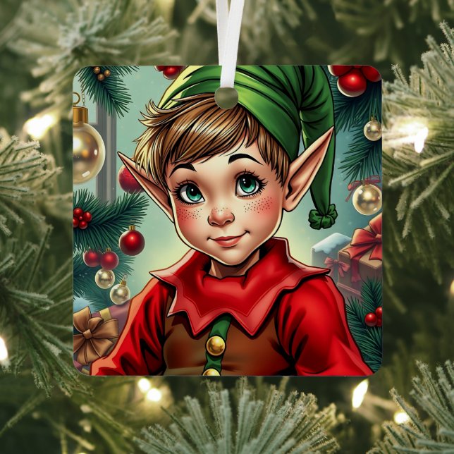 Whimsical Cartoon Elf | Personalized Christmas Metal Ornament (Insitu)