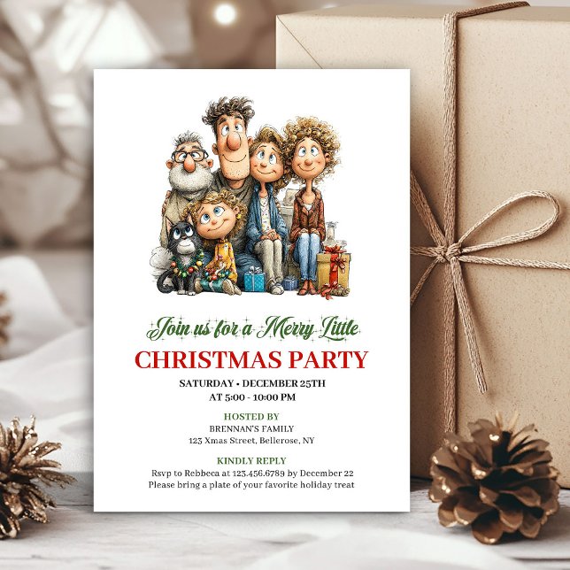 Whimsical Cartoon Family Red Green Holiday Invite (Whimsical Cartoon Family Red Green Holiday Invite)