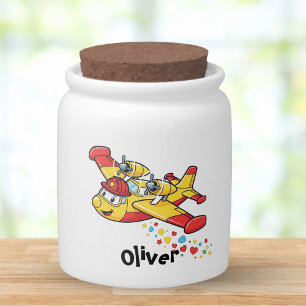 Whimsical Cartoon Firefighter Plane Candy Jar