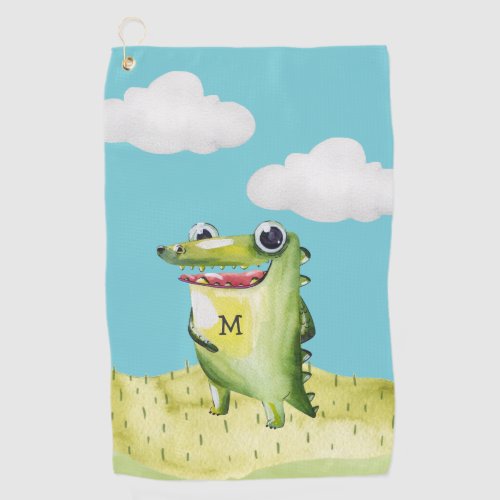 Whimsical Cartoon Gator with Monogram Golf Towel