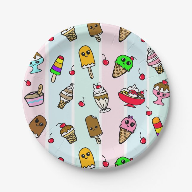 Whimsical Cartoon Ice Cream Girl's Birthday Party Paper Plates (Front)