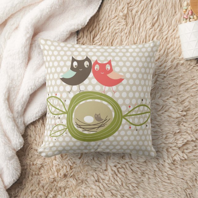 Whimsical Cartoon Nesting Owls Family Polka Dots Throw Pillow (Blanket)