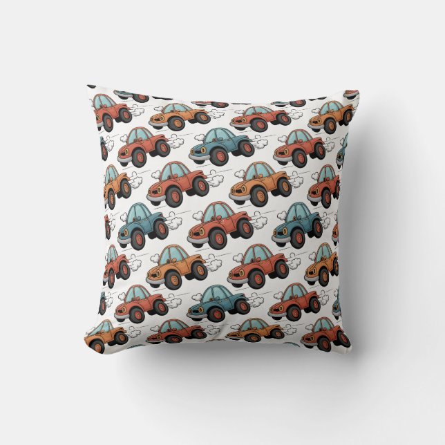 Whimsical Cartoon Racing Cars Throw Pillow (Front)