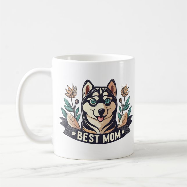 Whimsical Cartoon Siberian Husky Dog Mom Coffee Mug (Left)