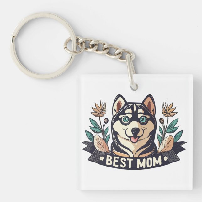 Whimsical Cartoon Siberian Husky Dog Mom Keychain (Front)