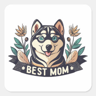 Whimsical Cartoon Siberian Husky Dog Mom Square Sticker