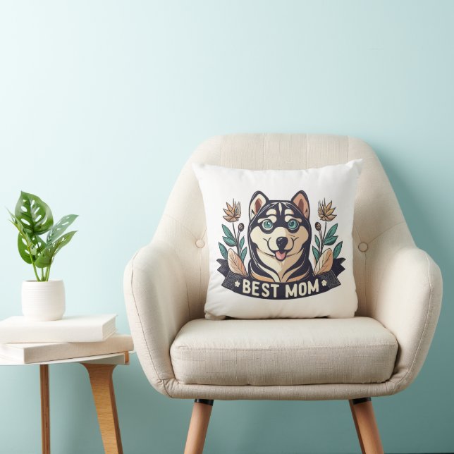 Whimsical Cartoon Siberian Husky Dog Mom Throw Pillow (Chair)