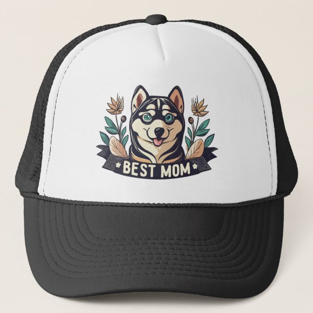 Whimsical Cartoon Siberian Husky Dog Mom Trucker Hat (Front)
