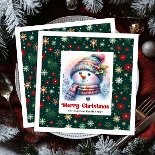Whimsical cartoon snowman with snowflakes kids paper dinner napkins