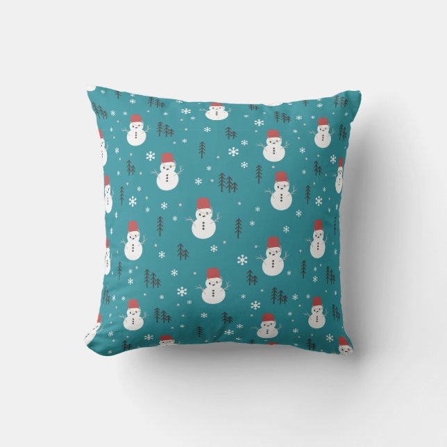 Whimsical Cartoon Snowmen in Winter Throw Pillow (Front)