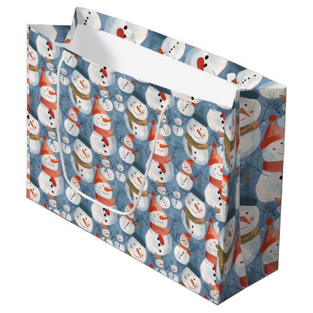 Whimsical cartoon snowmen large gift bag (Front Angled)