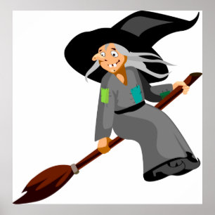 Whimsical Cartoon Witch Flying on Broomstick Poster