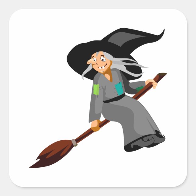 Whimsical Cartoon Witch Flying on Broomstick Square Sticker (Front)
