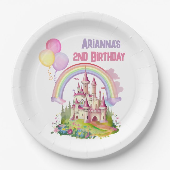 Whimsical Castle Balloons 2nd Birthday Paper Plates (Front)