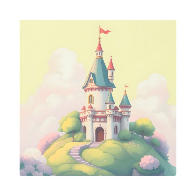 Whimsical castle with green garden metal print (Front)