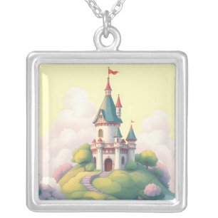 Whimsical castle with green garden silver plated necklace