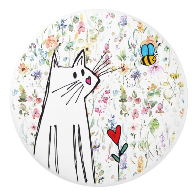 Whimsical Cat and Bee Door Knob (Front)