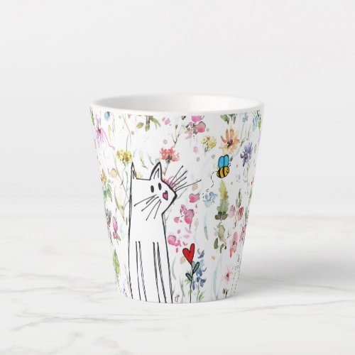 Whimsical Cat and Bee Latte Mug