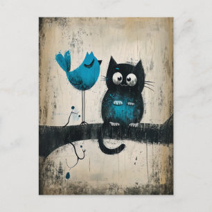 Whimsical Cat and Bird on a Branch Postcard