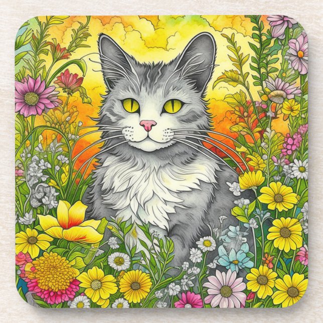 Whimsical Cat and Flowers Beverage Coaster (Front)