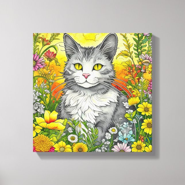 Whimsical Cat and Flowers  Canvas Print (Front)