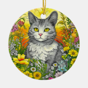 Whimsical Cat and Flowers Ceramic Ornament