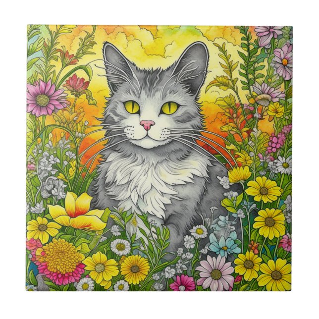 Whimsical Cat and Flowers Ceramic Tile (Front)