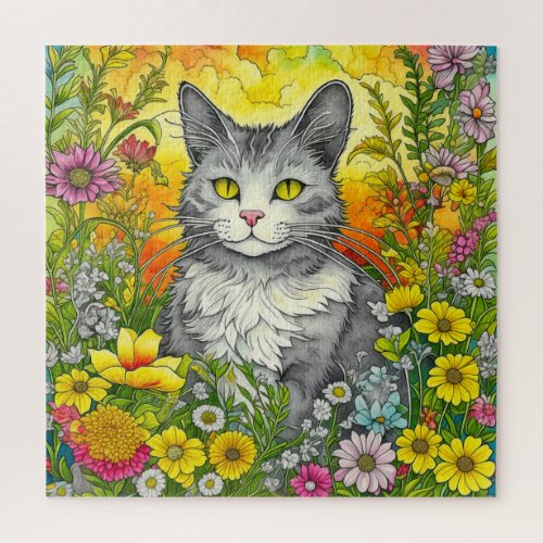 Whimsical Cat and Flowers  Jigsaw Puzzle