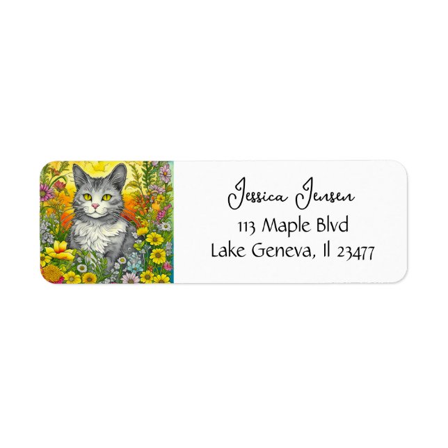 Whimsical Cat and Flowers  Label (Front)