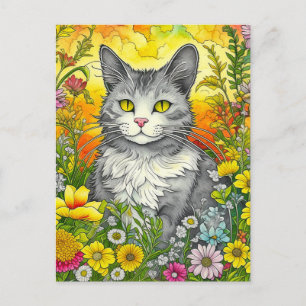 Whimsical Cat and Flowers Postcard