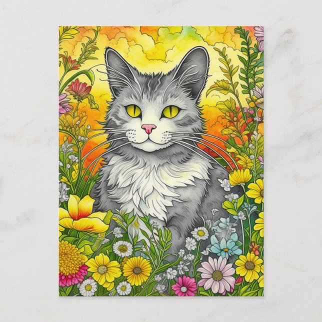 Whimsical Cat and Flowers  Postcard (Front)