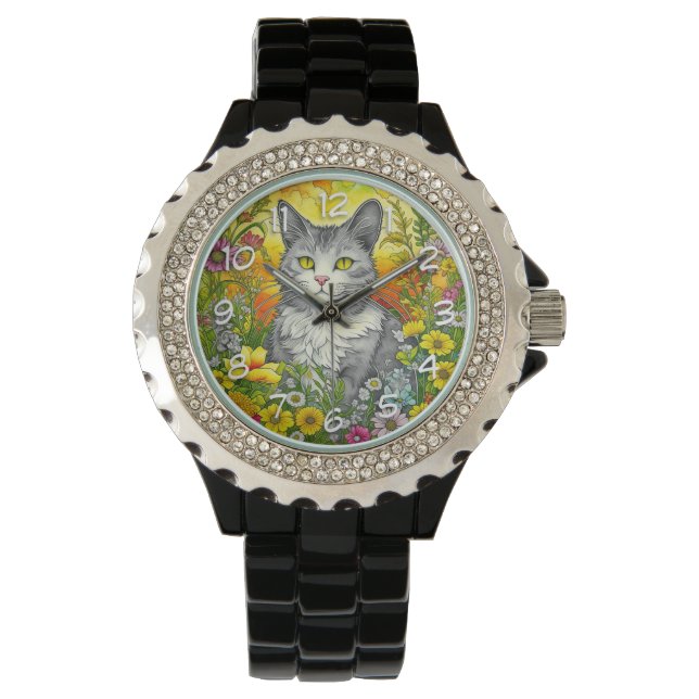 Whimsical Cat and Flowers Watch (Front)