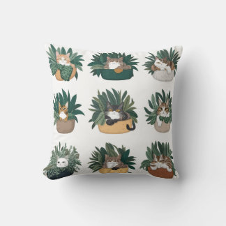 Whimsical Cat and Plant Combo Throw Pillows