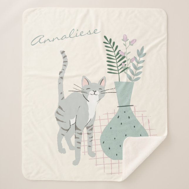 Whimsical Cat and Plant Sage Green Personalized  Sherpa Blanket (Front)
