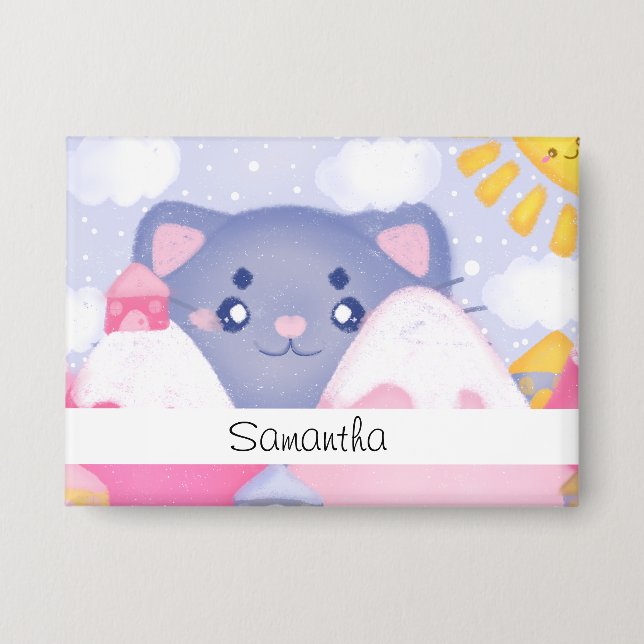 Whimsical Cat and Winter Mountains With A Cute Sun Button (Front)