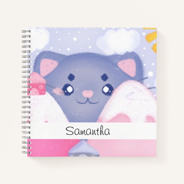 Whimsical Cat and Winter Mountains With A Cute Sun Notebook (Front)