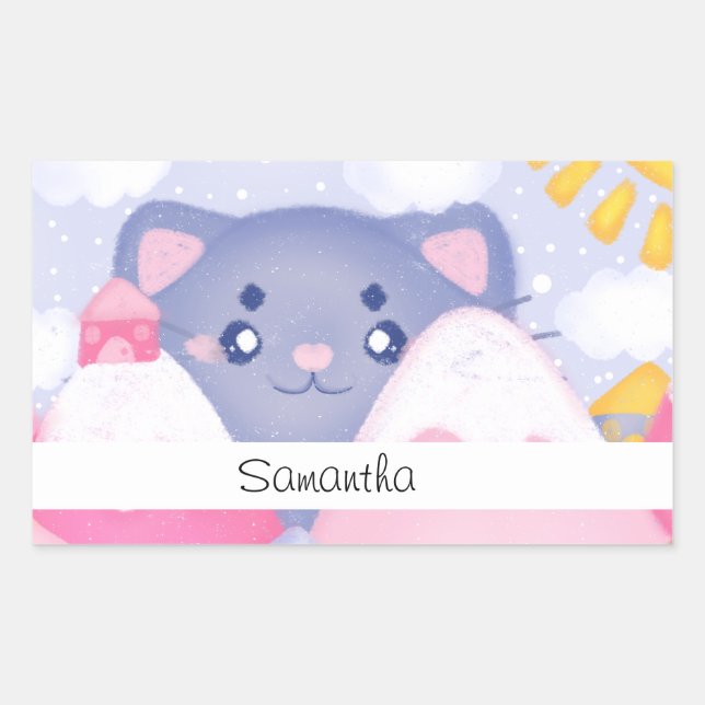 Whimsical Cat and Winter Mountains With A Cute Sun Rectangular Sticker (Front)