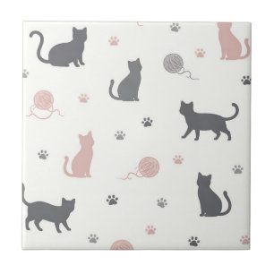 Whimsical Cat and Yarn Silhouette Pattern Ceramic Tile