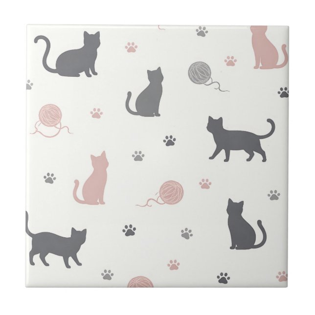 Whimsical Cat and Yarn Silhouette Pattern Ceramic Tile (Front)
