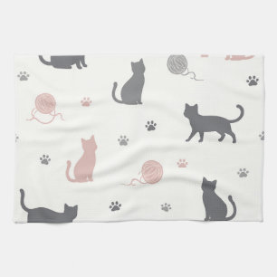 Whimsical Cat and Yarn Silhouette Pattern Kitchen Towel