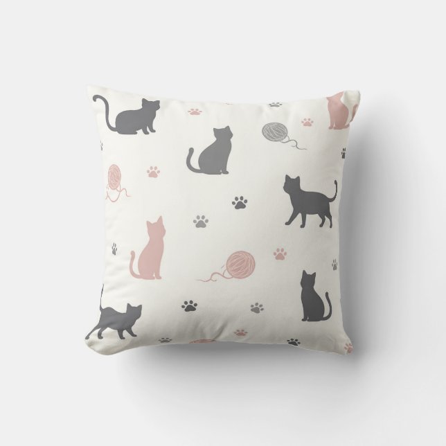 Whimsical Cat and Yarn Silhouette Pattern Throw Pillow (Front)