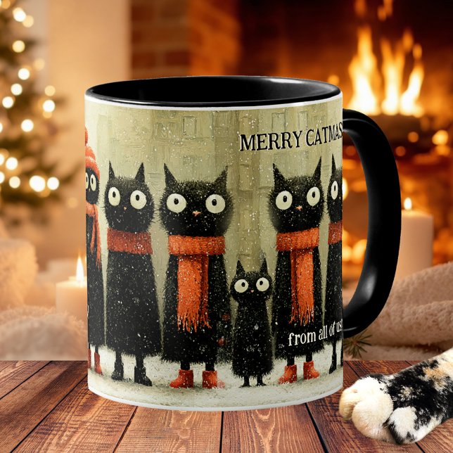Whimsical Cat Art Merry Catmas Christmas Coffee Mug (Christmas cat mug featuring a whimsical painting of a row of cats in winter outfit)